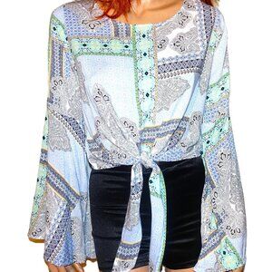 Altar'd State Blue Green Boho Bell Sleeve Tie Blouse S